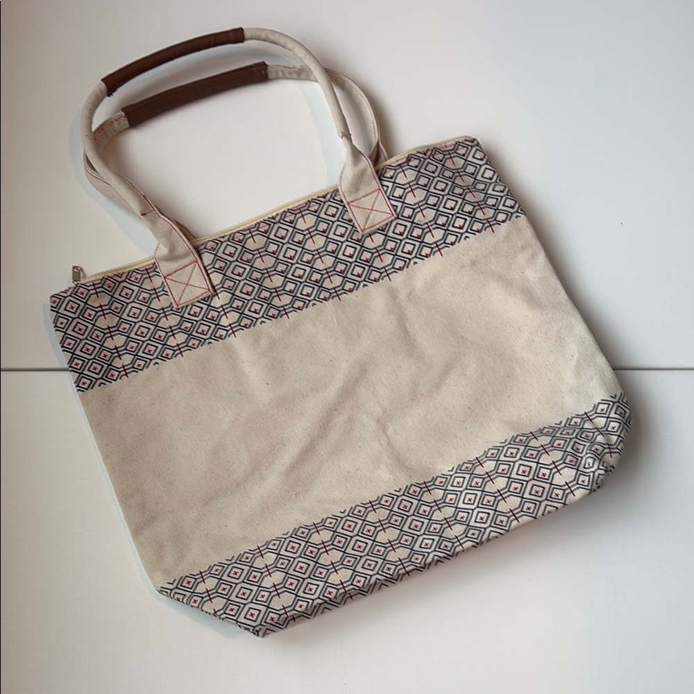 Patterned Cotton Canvas Cream and Brown Tote Bag Top Zipper 18w x 15l x 5.5 deep